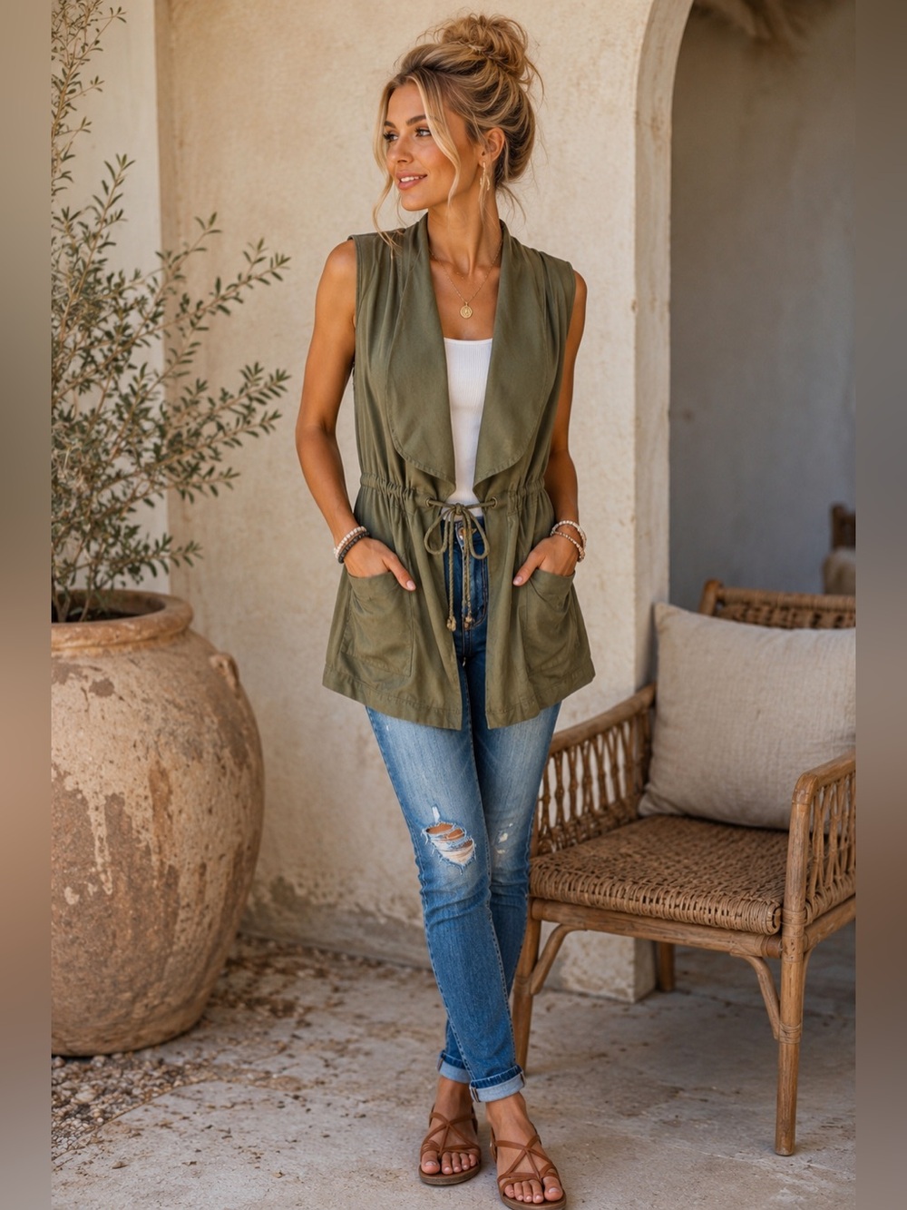 Olive Green Floral Embroidered Utility Vest Drawstring Waist Boho Medium